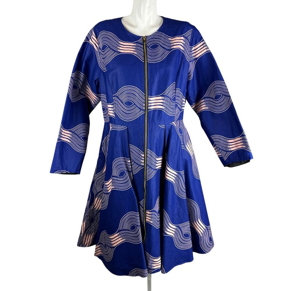 Ray Darten Designer African Zipper Dress Blue Size 2xL Long Sleeve Fit Flare